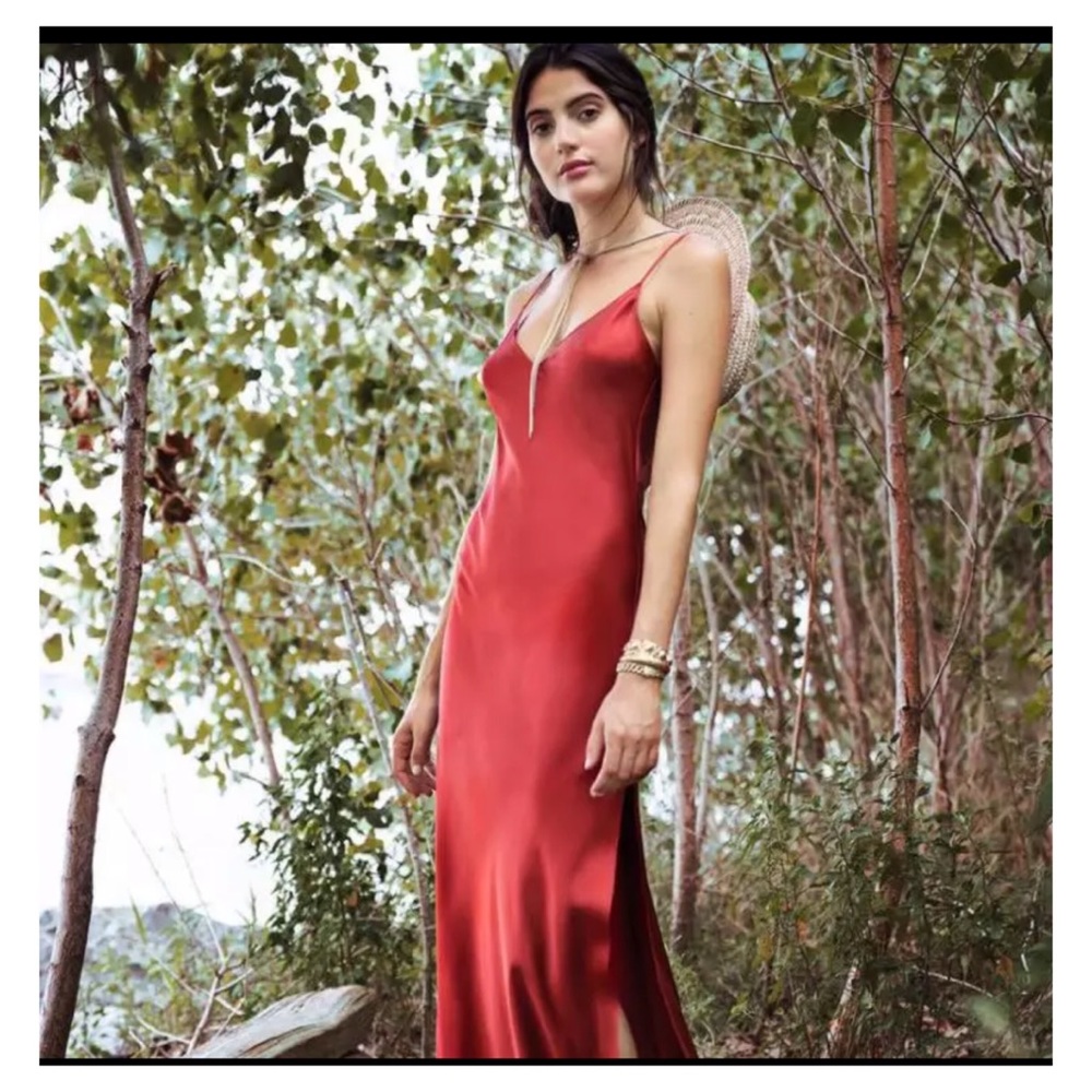 Lolo Satin Slip Dress with Side Split in Sienna - Picture 2 of 4